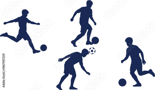 Four soccer players in dynamic poses a striking silhouette on transparent background