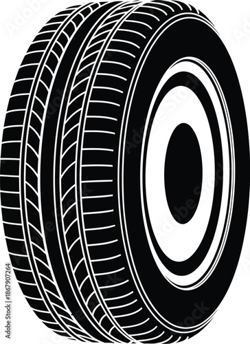 Detailed car tire illustration black and white isolated on transparent background silhouette