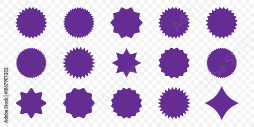 Set of black star burst shape tags for price. Circle sticker. Wavy edge promo badges. Blank sale stickers collection. Design elements of Price sticker, sale sticker, starburst, quality mark, retro.