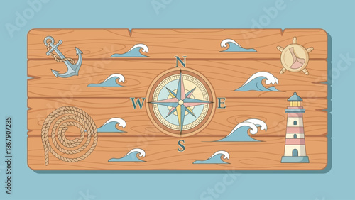 Nautical themed illustration with compass, anchor, lighthouse, and waves on wooden background.