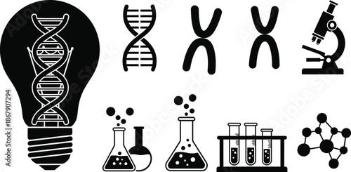 Black science icons with dna bulb and chemistry tools on transparent background silhouette