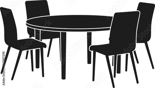 Black dining table and chairs arrangement minimalist design on transparent background silhouette