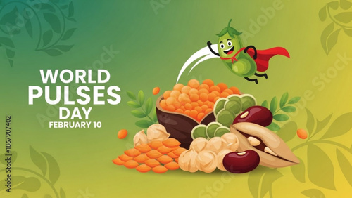 Vibrant illustration of world pulses day on february 10 featuring a smiling green pea superhero surrounded by various legumes and pulses on a green background