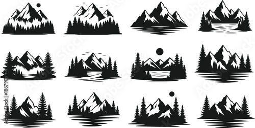 Collection of mountain landscape silhouettes with water reflections on transparent background