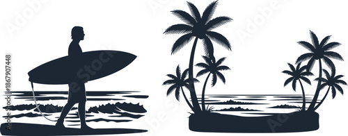 Surfer walking with surfboard near palm trees on transparent background silhouette
