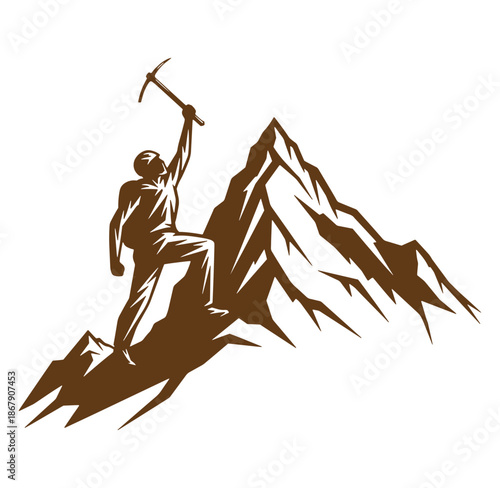 Silhouette of a climber reaching the summit of a mountain with an ice axe