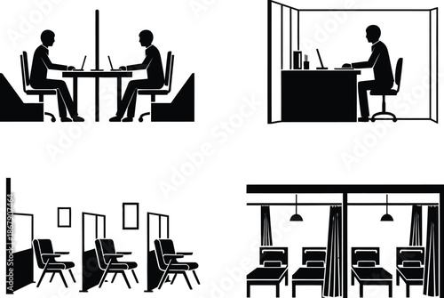 Office workspace icons featuring people and furniture on transparent background silhouette