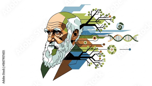 Vibrant illustration of charles darwin with dna and tree of life elements symbolizing evolution and science with biology and genetics and colorful