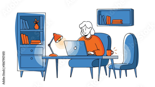 Woman working on laptop at desk in home office setting.