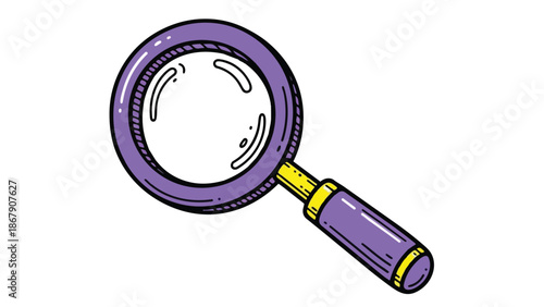 Handdrawn purple magnifying glass with yellow handle for search and discovery.