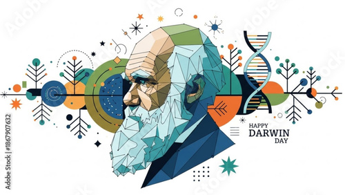 Vibrant geometric illustration of charles darwin's portrait surrounded by dna spiral colorful leaves and stars on happy darwin day with evolution