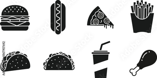 Fast food icons collection with burger hotdog pizza and fries silhouette on transparent background