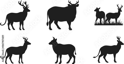 Black deer silhouettes collection with varying poses on transparent background