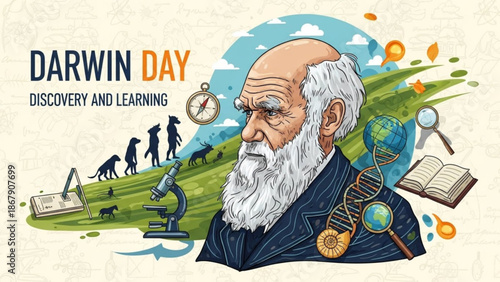 Charles darwin day illustration with evolution concept and learning symbols with science and education and biology and microscope and DNA and discovery