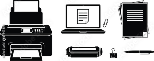 Office equipment icons set featuring printer laptop and documents on transparent background silhouette