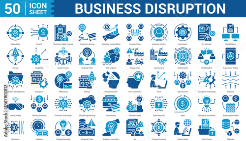 Business Disruption color style Icon Set Collection Concept With Icon Of Adaptability, Fintech, Minimum Viable Product, Customer Journey, Business Sustainability, Crowdfunding