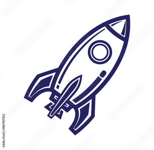Simple blue rocket ship illustration on white background for space travel and exploration