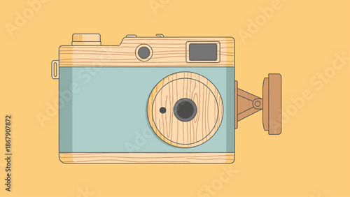 Vintage style illustration of a retro camera on a yellow background.