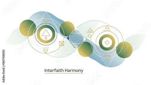 Interconnected geometric shapes in harmony with green and blue gradient colors representing unity and diversity with interfaith harmony and stylized graphic