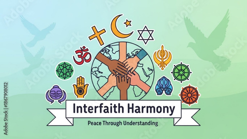 Interfaith harmony symbolized by diverse religious symbols and hands clasped around the globe representing peace and unity among different faiths and cultures
