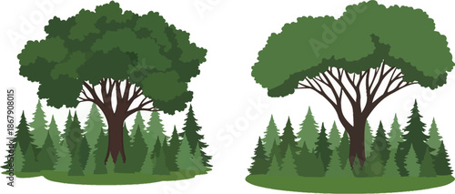 Two lush trees with forest backdrop perfect for design on transparent background silhouette