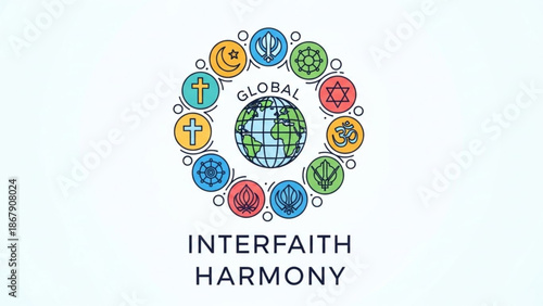 Interfaith harmony symbol with global earth surrounded by religious icons representing unity and peace with global unity and religious symbols