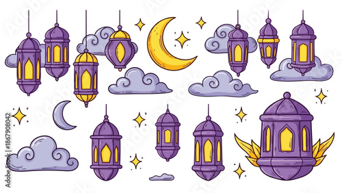 Handdrawn collection of Ramadan lanterns crescent moons and clouds perfect for Islamic celebrations.