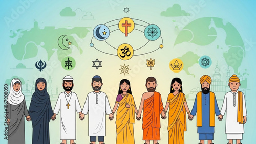 Diverse group of people from different faiths and cultures standing united in harmony with religious symbols around them with unity and diversity