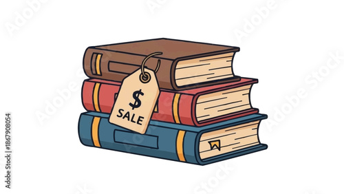 Stack of books with sale tag 