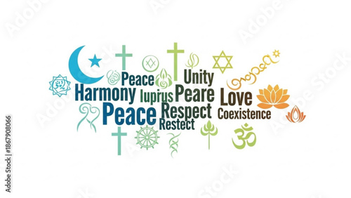 A vibrant illustration of harmonious religious symbols and words promoting peace love unity and respect on a white background with harmony and coexistence