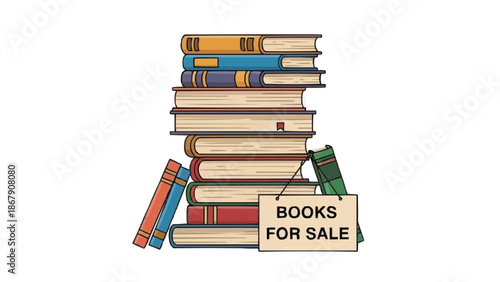 Vibrant stack of books for sale with colorful spines and a sign