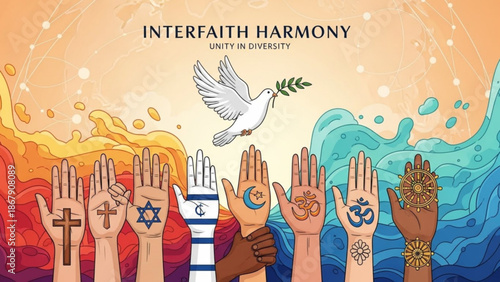 Diverse hands united in interfaith harmony with religious symbols and dove of peace with unity in diversity and religious tolerance and peaceful coexistence