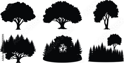 Collection of black tree silhouettes with various shapes on transparent background