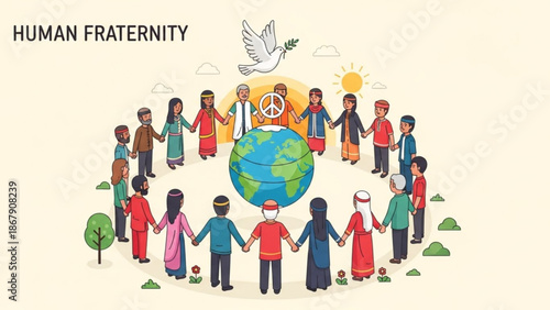 Diverse group of people from different cultures and religions standing in a circle around the earth with a peace sign and dove symbolizing unity and global harmony