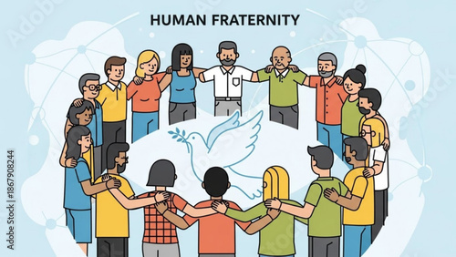 Diverse group of people standing in a circle with their arms around each other in unity and solidarity with a dove and olive branch symbolizing peace and human fraternity