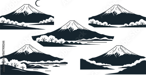 Five depictions of mount fuji with trees and moon on transparent background silhouette