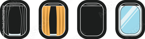 Four airplane windows with different views on transparent background silhouette