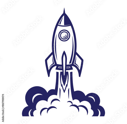Vector illustration of a retro style rocket ship taking off into the vast space