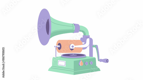 Cute cartoon vintage gramophone with a happy face and big eyes.