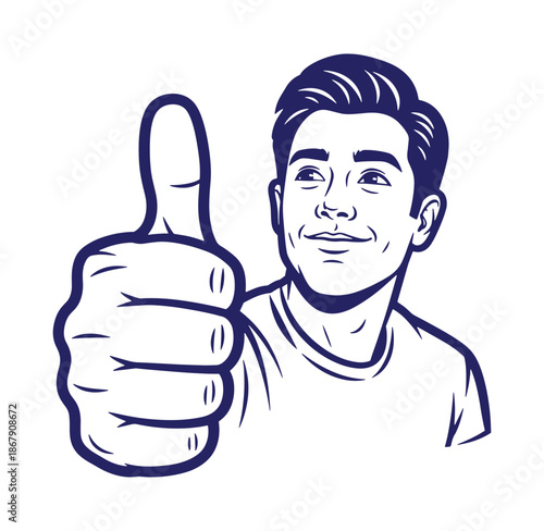 Vector illustration of a smiling man giving a thumbs up sign indicating approval and agreement