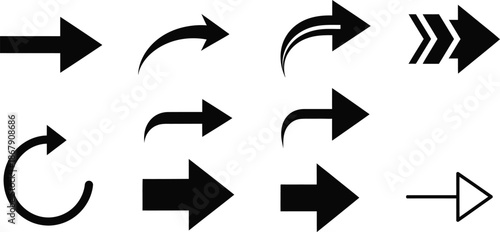 Collection of black arrow icons in various directions on transparent background silhouette