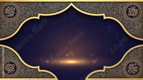 Elegant Islamic Night Sky with Ornate Gold Border and Calligraphy