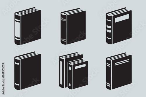 Collection of six black book icons isolated on transparent background