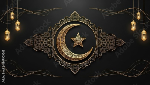 Golden Crescent Moon and Star with Intricate Islamic Patterns