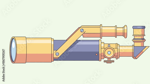 Illustration of a vintage brass telescope with adjustable parts and a wooden handle.