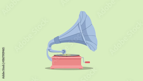 Vintage gramophone with large blue horn on green background.