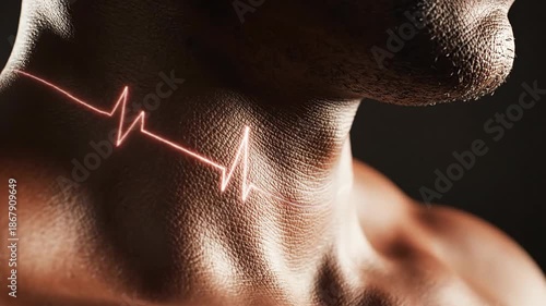 Close-up of a mans neck with a glowing heartbeat line, symbolizing health and vitality.