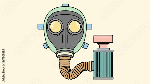 Illustration of a vintage style gas mask with a hose and filter canister.