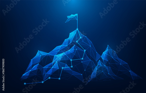 business mountain route to success flag on peak low poly wireframe background. mission achievement concept. vector illustration fantastic technology.