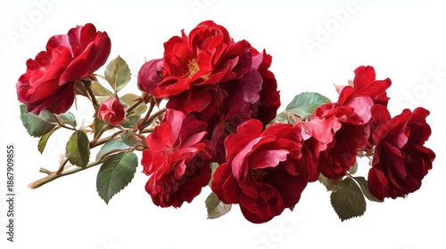 Crimson Roses' Floral Elegance: A captivating cluster of crimson roses in full bloom, showcasing velvety petals and lush green leaves, evokes the essence of nature's beauty and the allure of romance.